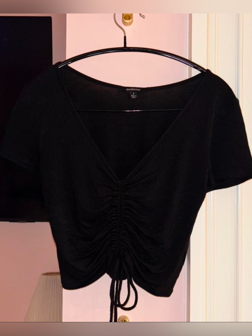 Black Ruched Drawstring Crop Top – S